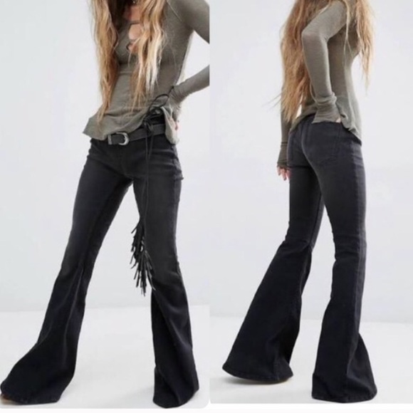 New Free People Penny Black Gray Flare Pants Stretch Jeans Pull On 27 28 30